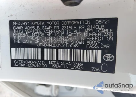 2022 Toyota Corolla Se z USA, uszkodzony, nr VIN JTND4MBE0N3155249